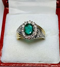 Beautiful Vintage 14k Yellow Gold Natural Oval Shape Emerald Ring 100% Natural Emeralds Emerald(s) 1.00CT Diamond: 0.80CT Color: G Clarity: SI1 Total ring weight: 5.2GR Ring sizing available free of charge For more information regarding this item feel free to reach me so I can accommodate your needs. Thank you Formal Gold Emerald Oval Ring, Gold Oval Emerald Ring For Formal Occasions, Green Oval Diamond Ring With Diamond Cut, Formal White Gold Emerald Ring With Oval Cabochon, Formal Green Oval Signet Ring, Oval Cabochon Signet Ring In Fine Jewelry Style, Oval Green Signet Ring For Anniversary, Green Oval Signet Ring For Anniversary, Formal Oval Cabochon Diamond Ring With Halo Setting