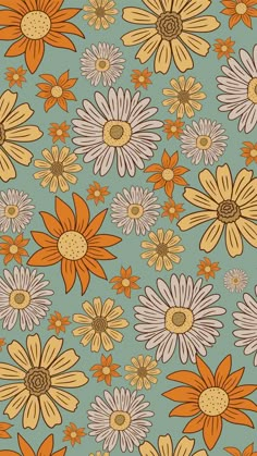 an orange and white flower pattern on a blue background with yellow, brown, and pink flowers