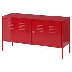 a red metal cabinet with two doors