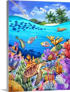 an underwater scene with fish, turtle and corals