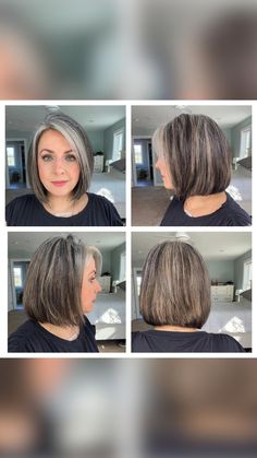 Grey Transition Hair Highlights, Grey Brown Hair, Grey Bob Hairstyles, Grey Hair Over 50, Grey Hair Transformation, Grey Hair Inspiration, Gray Hair Growing Out, Eye Nails, Gray Hair Cuts