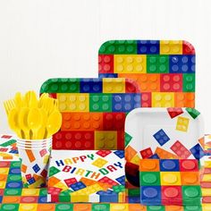 lego birthday party supplies including plates, napkins and cups