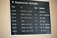 a black and white sign on the wall that says departures / arrivals to birthday flight