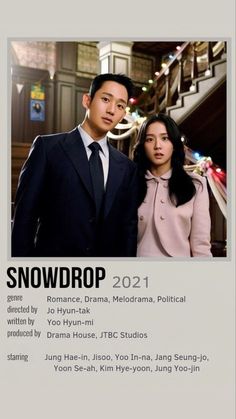 the poster for snowdrop shows two people standing next to each other in front of stairs