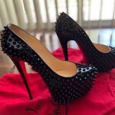 Used Once, Like Brand New. Size 7.5. 160mm Heel Height. Patent Leather. Comes With Box, Two Red Dust Bags, Extra Spikes Replacement. Elegant Goth, Pink Nike Shoes, Pink Nike, Pink Nikes, Wedding Board, Louboutin Shoes, Heart Bracelet, Heel Shoes, Christian Louboutin Shoes