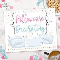 a sign that says, pillowcase breathing on top of a table next to a cup of coffee