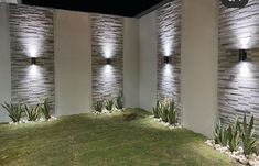 an outdoor area with grass and lights on the wall, along with some plants in the ground