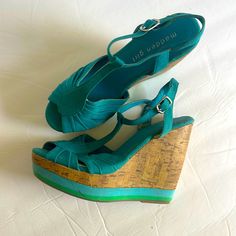 Maddie Girl Turquoise Wedges Sandals Size 6 Fabric Material. Never Worn But Notice The Straps Peeling On The Inside From Being Stored. Turquoise Synthetic Sandals With Round Toe, Turquoise Round Toe Synthetic Sandals, Summer Ankle Strap Sandals In Turquoise, Turquoise Ankle Strap Sandals For Summer, Turquoise Synthetic Sandals For Spring, Turquoise Wedge Heel Sandals For Beach, Turquoise Round Toe Heels For Summer, Summer Turquoise Ankle Strap Heels, Turquoise Ankle Strap Heels For Summer