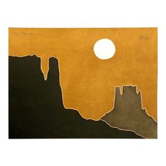 an abstract painting with mountains and the sun in the sky above it, as seen from below