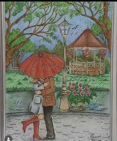 a painting of two people under an umbrella in the rain with flowers and a gazebo behind them