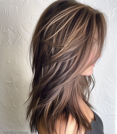 Distinct layers with alternating lengths Brown With Carmel Hilights, Shag Hair Highlights, Long Layered Highlighted Hair, Hair Styles With Layers Medium, Medium Length Haircut For Thick Hair Round Faces Over 40, Long Hair With Layers 2024, Top Hairstyles For 2024, Short Layers Haircuts For Medium Hair, Layered Hair 2024