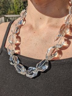 A fun, large, clear bead bib statement necklace! The chunky beads have some weight to them, and really shine in the light. Chunky Crystal Necklace, Rock Crystal Necklace, Large Necklace, Bee Pendant, Chunky Beads, Beaded Statement Necklace, Necklace Statement, Large Crystals, Beaded Necklaces