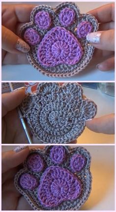 the crochet dog paw pattern is shown in three different pictures, and it looks like