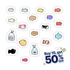 stickers with different types of fish on them and the words buy 10 get 50 % off