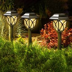 three solar powered lawn lights in the grass