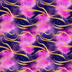 an abstract purple and gold background with swirls, stars and clouds in the sky