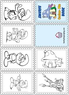 four stamps with cartoon characters on them, one has an airplane and the other has a plane