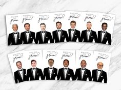 four different photos of men in tuxedos and bow ties, with the names of each