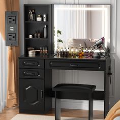 a black desk with bottles on it in front of a mirror and shelves filled with liquor