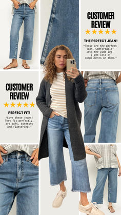 Stretchy, feel good denim. Comfortable and casual, the jeans you have been looking for! Coffee Date Outfits, Capsule Wardrobe Pieces, Early Fall Outfits, Tailgate Outfit, Modest Outfit, Wardrobe Pieces, High Rise Wide Leg Jeans, Fall Jeans, Women's Outfits