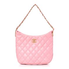 This is an authentic CHANEL Lambskin Quilted Large CC Links Hobo in Pink. This hobo bag is crafted ofdiamond quilted lambskin leather in pink. It features an aged gold CC chain link leather threaded shoulder strap. The top is open to a pink fabric interior with a patch and zippered pocket. Pink Quilted Evening Bag, Elegant Quilted Pink Bag, Chic Pink Quilted Shoulder Bag, Pink Quilted Leather Bag, Pink Quilted Bag For Shopping, Elegant Pink Quilted Shoulder Bag, Pink Quilted Rectangular Shoulder Bag, Chanel Bag Pink, Pink Chanel Flap