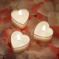 three white heart shaped candles sitting on top of flowers with leaves in the back ground