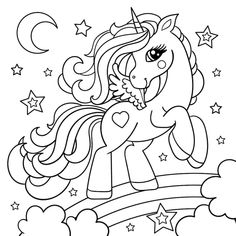 a cartoon unicorn with stars and clouds in the sky, coloring pages for children to color