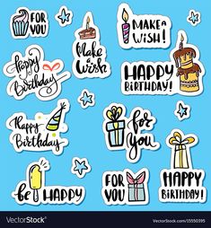 happy birthday stickers set on blue background