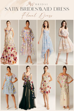 an advertisement for the san bridesmaid dress, featuring several different styles and colors