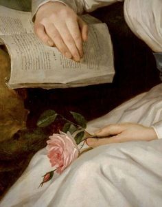 a painting of a woman reading a book with a rose in her lap and holding it