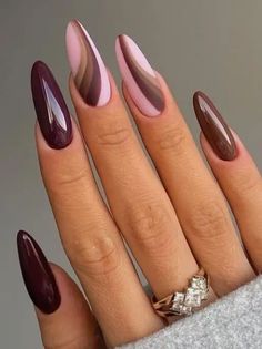 Nail Ideas With Designs Fall, Multi Colored Almond Nails, Fall Nails 2023 Color Trends Almond, Oval Nails Designs For Fall, Almond Nail Art Fall, Acrylic Nail Designs 2024, Italian Nails Designs Italy, Fall Nail Designs Autumn Classy Almond, Fall Nails 2023 Almond