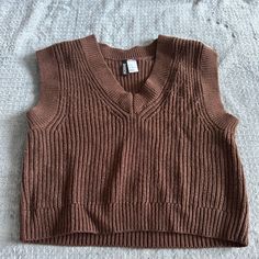 Brown H&M Sweater Vest (Never Worn) Casual Brown Vest For Fall, H&m Cotton Sweater For Fall, Casual Brown Vest For Spring, H&m Brown Tops For Fall, H&m Casual Fall Sweater, H&m V-neck Fall Outerwear, H&m Jackets, Rayon Pants, Jelly Shoes