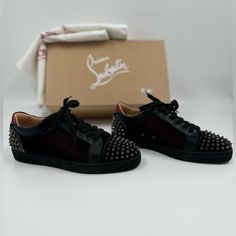 This Is An Authentic Pair Of Christian Louboutin Suede Mens Seavaste 2 Orlato Flat Sneakers Size 42 In Black. These Ultra-Chic Sneakers Are Crafted Of Smooth Black Suede Leather, A Matching Black Spiked Cap Toe, And 0.75 Inch Rubber Platforms. Comes With Box And 2 Dust Bags Designer Formal Custom Sneakers With Round Toe, Luxury Black Custom Sneakers With Perforations, Designer Custom Sneakers With Red Sole, Designer Custom Sneakers With Perforations And Round Toe, Designer Black Custom Sneakers With Red Sole, Designer Custom Sneakers With Perforations, Black Leather Party Sneakers, Designer Black Party Sneakers, Luxury Black Sneakers With Spikes