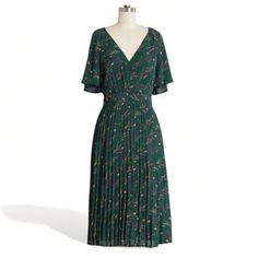 Modcloth Evergreen Vintage Style Chiffon Pleated Dress Size: 4 Materials: Nylon | Spandex Pit To Pit ' 18 Full Length ' 42 New With Tags Green Chiffon Midi Dress With Floral Print, Green Chiffon Floral Print Dress, Green Flowy Midi Dress For Work, Green Flowy Dress For Work, Dark Green Short Sleeve Dresses For Spring, Green Chiffon Short Sleeve Dress, Green Pleated Casual Dress, Green Casual Pleated Dress, Casual Green Pleated Dress