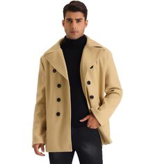 Made of soft fabric, the double-breasted pea coat stays warm and keeps your outfit fashionable. You can match the long-sleeved pea coat with sweaters, or tailored jeans for a casual daily look in cold months. The solid-color classic overcoats are great for any occasion, such as office work, business meetings, dinner, dating, and daily wear. Casual Double-breasted Business Pea Coat, Casual Double-breasted Pea Coat For Business, Casual Double-breasted Pea Coat For Winter, Casual Double-breasted Pea Coat For Fall, Double-breasted Pea Coat For Fall, Casual Long Pea Coat With Double Button Closure, Casual Winter Pea Coat With Double Button Closure, Casual Double-breasted Winter Peacoat, Casual Double-breasted Pea Coat