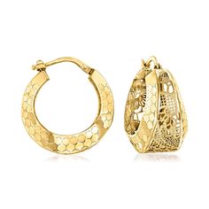 Ross-Simons - Italian 14kt Yellow Gold Floral Filigree Hoop Earrings. 7/8". Combining captivating panels of floral filigree and honeycomb-style designs, these Italian-made hoop earrings offer enough visual intrigue to complete an entire outfit. Crafted in 14kt yellow gold with satin and polished finishes. Hanging length is 7/8". Snap-bar, 14kt yellow gold floral filigree hoop earrings. Jewelry Presentation, Filigree Hoop Earrings, Floral Filigree, Jewelry Lookbook, Timeless Jewelry, Gold Floral, Jewelry Earrings Hoops, Fine Jewellery Earrings, Modern Woman