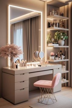 a vanity with a mirror, stool and flowers in front of the countertop is lit by lights