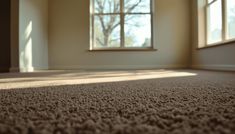 an empty room with a window and carpet in the foreground, sunlight coming through the windows