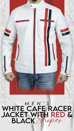 a man wearing a white jacket with red and black stripes on the front, standing in front of an advertisement for men's white cafe racer jackets