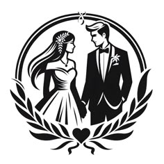 a man and woman are standing in front of an emblem with leaves on the side