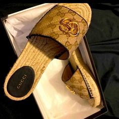 Like New Gucci Sandals Size 6.5 Authentic Worn 1-2 Times Looks New Serial Number Shown No Box Authentic Retails $590 Double G Materials Made In Italy. Shoe Constructed In Spain. Luxury Leather Sole Slip-on Espadrilles, Gucci Leather Beach Espadrilles, Gucci Leather Espadrilles For Beach, Luxury Espadrilles With Woven Sole, Luxury Espadrilles With Woven Sole For Vacation, Luxury Vacation Espadrilles With Woven Sole, Luxury Beach Espadrilles, Designer Closed Toe Espadrilles With Branded Insole, Luxury Flat Espadrilles With Woven Sole