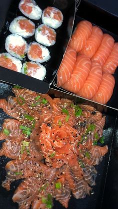 sushi and sashimi are being prepared in the kitchen