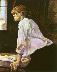 a painting of a woman sitting in front of a window