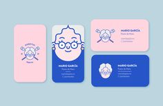 three business cards with cartoon characters on the front and back, one in pink and blue