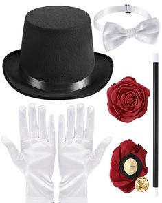 a black hat, white gloves and a red rose with a bow tie on it