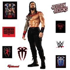 an image of a man with tattoos on his chest and arms, standing in front of various logos