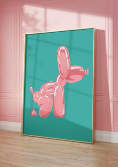 a pink balloon dog floating on top of a blue background in front of a pink wall