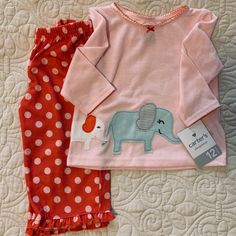 Comfy Carter’s Sleepwear, But Cute Enough To Wear As An Outfit! Pink Top With Elephant Patches Polka Dot Pants With Ruffle Trim 100% Polyester Brand New With Tags Pink Long Sleeve Bedtime Set, Cute Sleepwear For Playtime In Spring, Pink Bedtime Sets For Spring, Pink Spring Bedtime Sets, Playful Pink Loungewear Sets, Pink Bedtime Sets, Cute Long Sleeve Sets For Playtime, Cute Pink Loungewear Sets, Cute Pink Playtime Sets