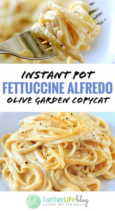 two pictures with the words instant pot fettuccine alfredo and an image of a fork