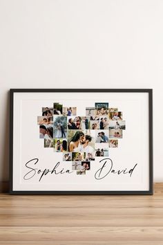 a heart shaped photo frame with the words sparkle david in black and white letters on it